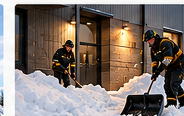 Två personer skottar snö för hand vid en port